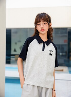 短袖针织T恤小方领POLO衫微笑天地夏季新款女生中大童青少年女装