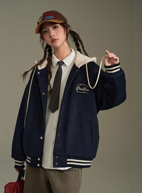 冬装绗棉夹棉呢子外套夹克棒球服休闲女孩大童青少年女装