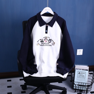 春季新款女生大童青少年女装宽松休闲针织拼色绣花POLO小方领卫衣