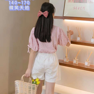 中大童女童夏装微笑天地宽松短袖格子娃娃衫裙裤短裤淑女套装
