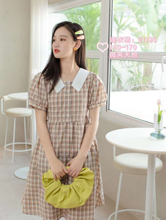 中大童女童装夏装新款微笑天地短袖小方领淑女格子连衣裙学生裙