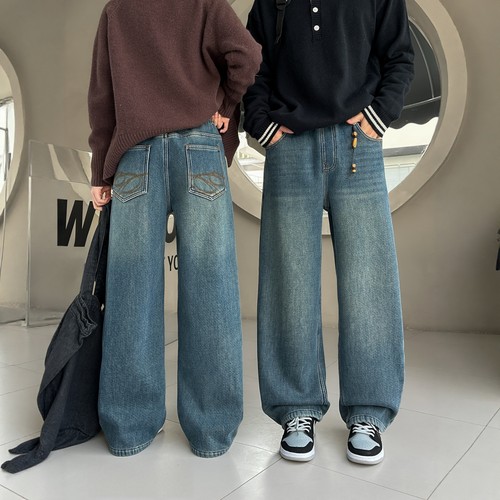 一体加绒微弯刀裤牛仔裤直筒裤长裤休闲男女大童青少年装冬季新款