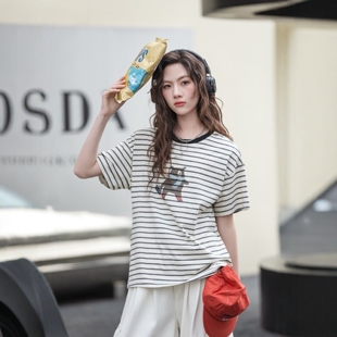 短袖圆领条纹T恤衫针织微笑天地夏季新款女孩中大童青少年女装