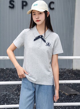 短袖针织T恤小方领POLO衫微笑天地夏装新款女生中大童青少年女装