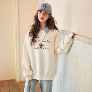 牛仔领卫衣休闲宽松绣字母春季新款艾米可多女生大童青少年女装