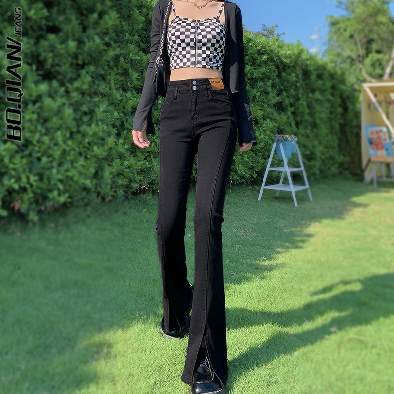 黑色开叉微喇牛仔裤女秋冬2025年新款高腰修身显瘦春秋拖地喇叭裤