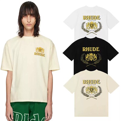 RHUDE 美式潮牌图腾徽章印花短袖休闲情侣T恤男女情侣夏季上衣TEE
