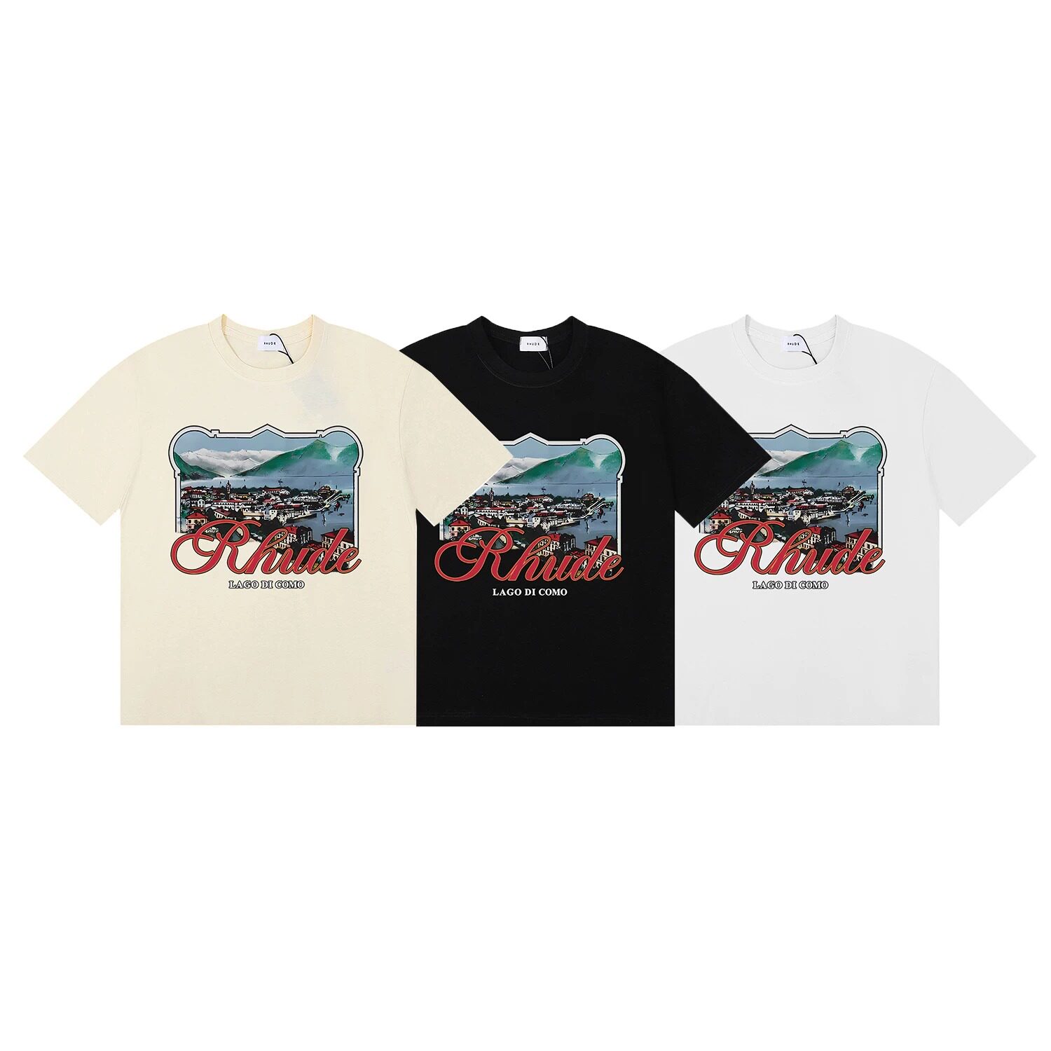 Rhude 科莫湖湖畔小镇印花高街宽松男女短袖夏季潮牌休闲T恤短tee