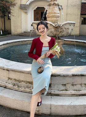 Iris.O鸢2024早秋天蓝色千鸟格冰丝薄款针织弹力修身吊带连衣裙