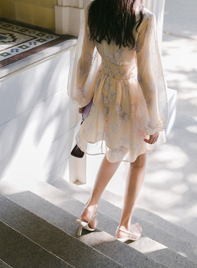 iris.O鸢法式复古水仙黄色印花碎花薄网纱V领仙女裙连衣裙22春夏