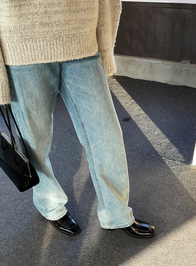 iris.O鸢时髦百搭全棉精细水洗做旧浅蓝色柔软宽松阔腿牛仔裤女