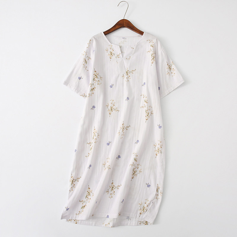 夏季全棉双层纱布日系素雅女士短袖睡裙睡衣家居裙纯棉棉麻家居服
