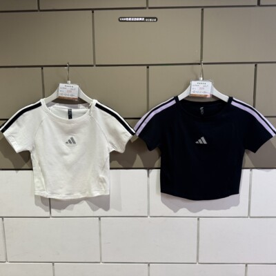 Adidas阿迪达斯女子条纹高腰显瘦运动短袖T恤KC0183 KB7753 7752