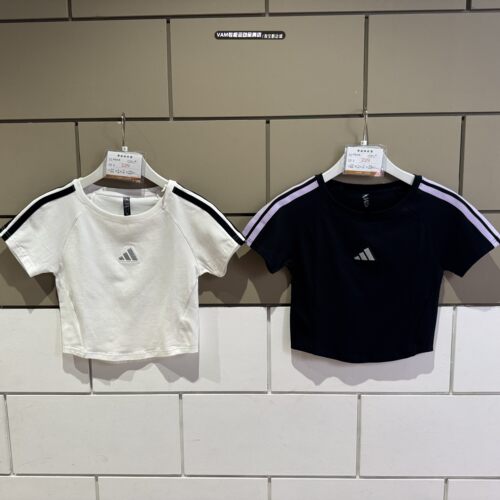 Adidas阿迪达斯女子条纹高腰显瘦运动短袖T恤KC0183 KB7753 7752