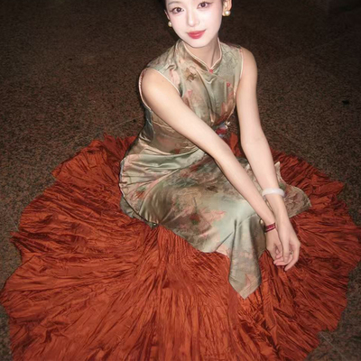 旗袍专用打底衬裙垂感压皱大摆半身裙百褶内衬裙打底裙叠穿防走光