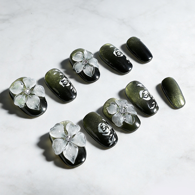 清透黑色渐变花朵穿戴甲纯手工定制酷黑甲片CDJ004