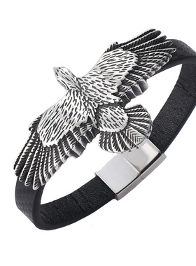男士皮革编织手镯不锈钢磁扣复古霸气老鹰手链