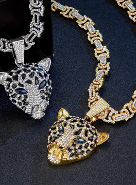 欧美爆款锌合金滴油点钻豹头个性街头潮男女古巴链吊坠项链