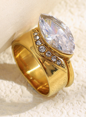 欧美时尚简约个性创意不锈钢镀18K金彩色圆环锆石戒指