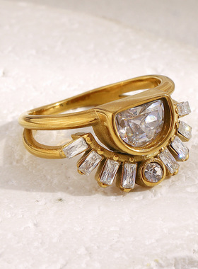 欧美时尚气质小众个性手饰不锈钢镀18K金复古太阳双层戒指