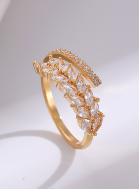 精致麦穗锆石开口戒指女轻奢铜镀金满钻手饰