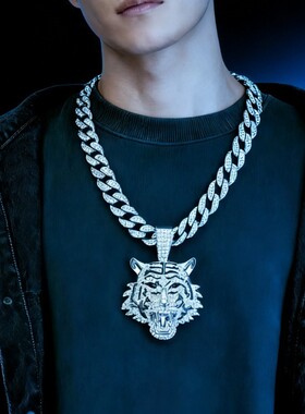 合金立体满钻老虎吊坠古巴项链男士嘻哈炫酷潮流饰品