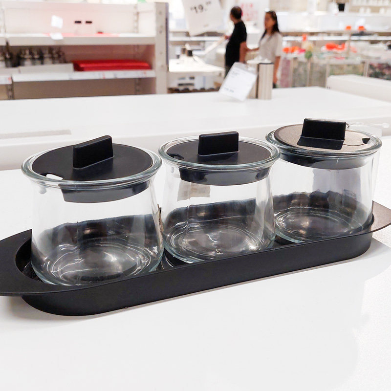 ikea宜家 瑟勒布列达 调味罐3件套带托盘黑色家用盐糖鸡精调料盒
