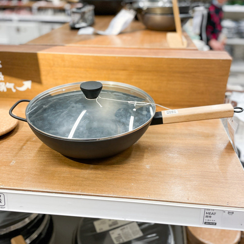 IKEA宜家 瓦达恩 带盖中式炒菜锅碳钢 玻璃锅盖32cm30cm长柄锅