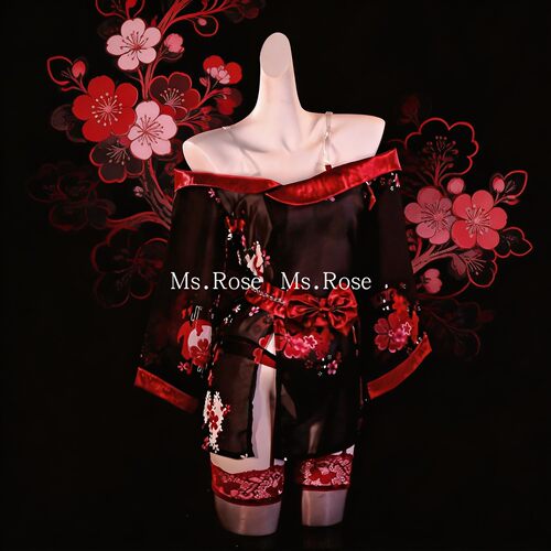 Ms Rose性感日式和服睡裙红色睡袍女透视睡衣制服cos套装qqny内衣