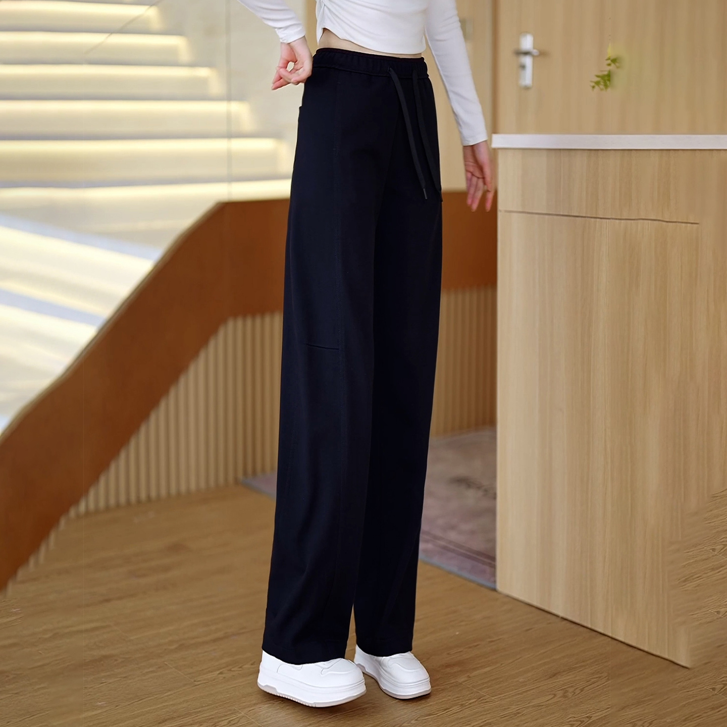 高腰显瘦舒适百搭紫色抽绳休闲裤