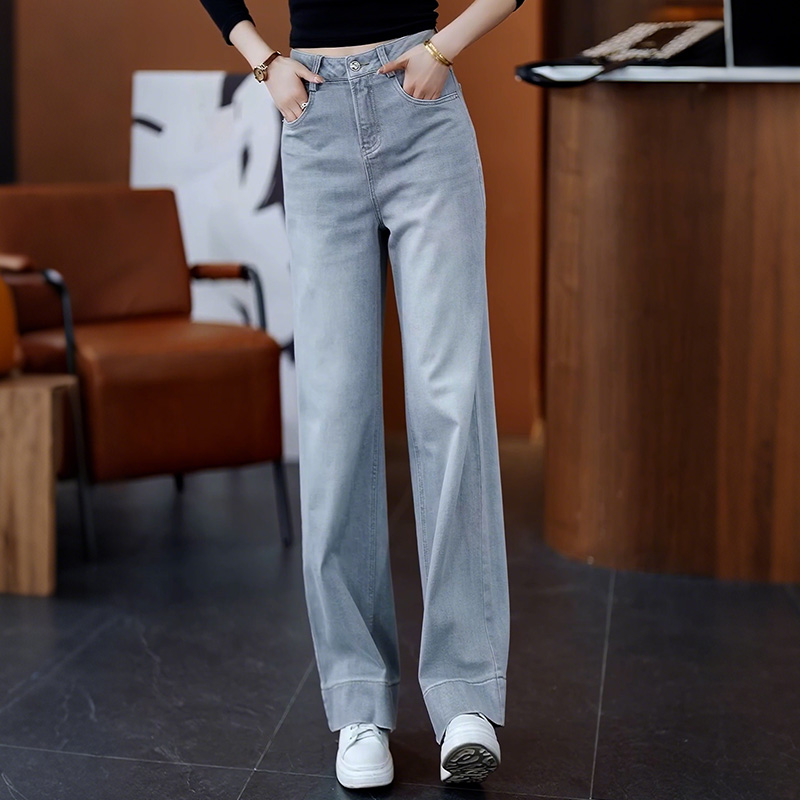 水洗磨白窄版牛仔直筒裤女长裤子