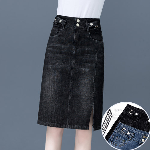黑色开叉牛仔半身裙夏2025年a字