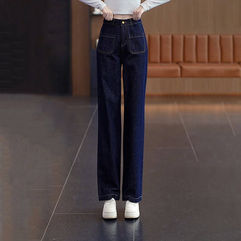 深蓝色高腰窄版直筒牛仔裤女长裤