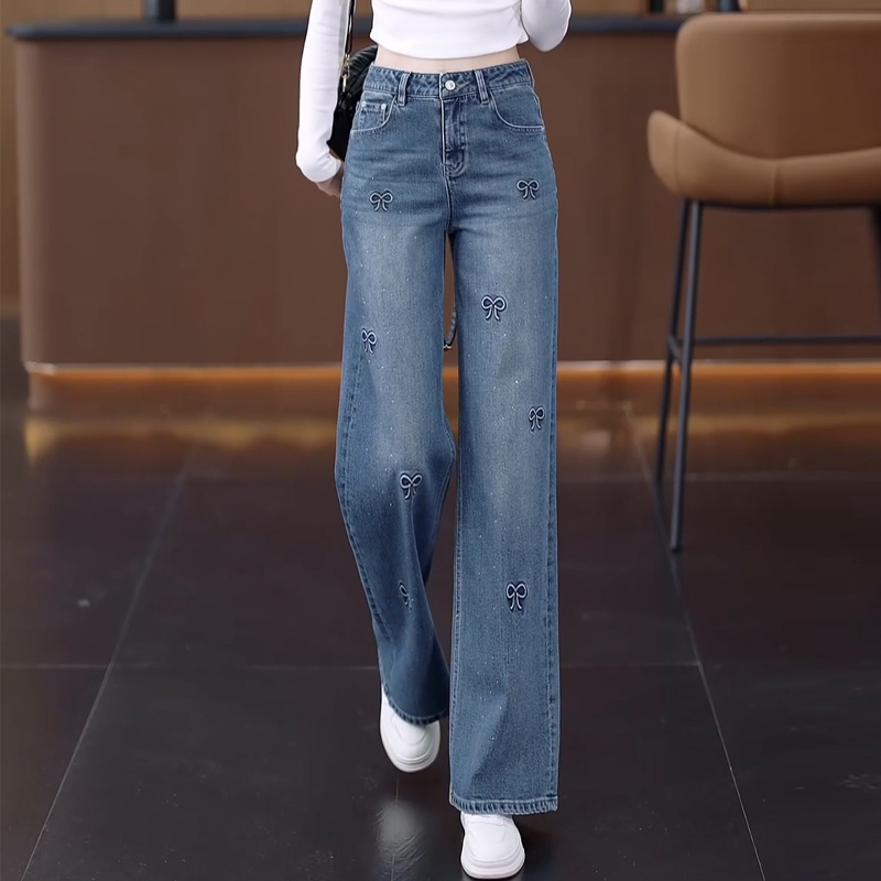 环宇语牛仔阔腿裤蝴蝶结刺绣高腰