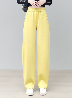 松紧腰直筒弯刀裤女秋冬新款韩版运动卫裤高腰显瘦宽松黄色休闲裤