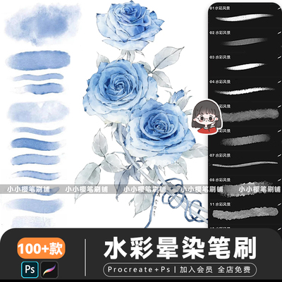 procreate笔刷水彩水墨晕染ps笔刷淡彩水痕质感美术手绘画素材
