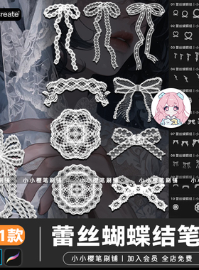 ps笔刷蕾丝蝴蝶结少女镂空薄纱头饰装饰花边procreate笔刷素材