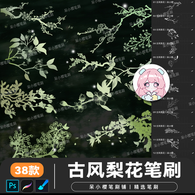 画世界pro笔刷procreate古风梨花国风水墨花卉植物树枝枝条ps素材