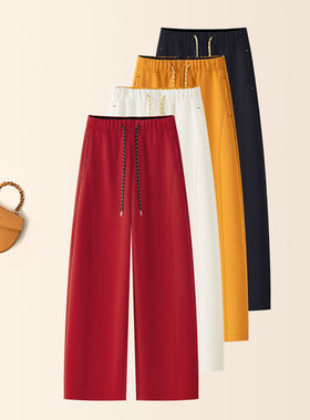 拉夏贝尔加绒加厚弯刀运动休闲裤女2025冬季新款红色拖地直筒裤子