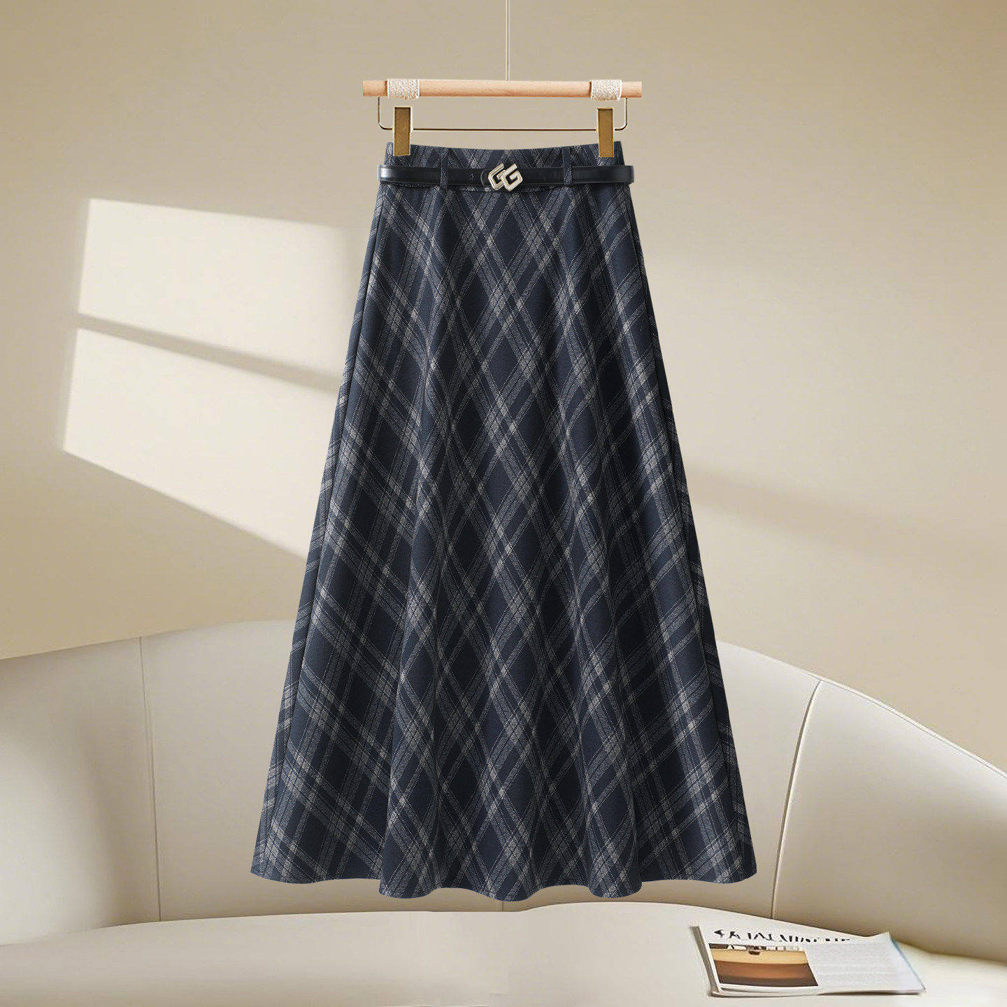 拉夏贝尔蓝色格纹a字半身裙女2026春季新款梨型身材伞裙中长裙子,女装/女士精品,大码半身裙,淘宝优惠券,粉丝福利购,淘宝优惠卷