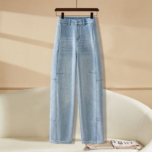 加厚阔腿裤 感气球裤 子 女秋冬2025款 拉夏贝尔浅蓝色加绒弯刀牛仔裤
