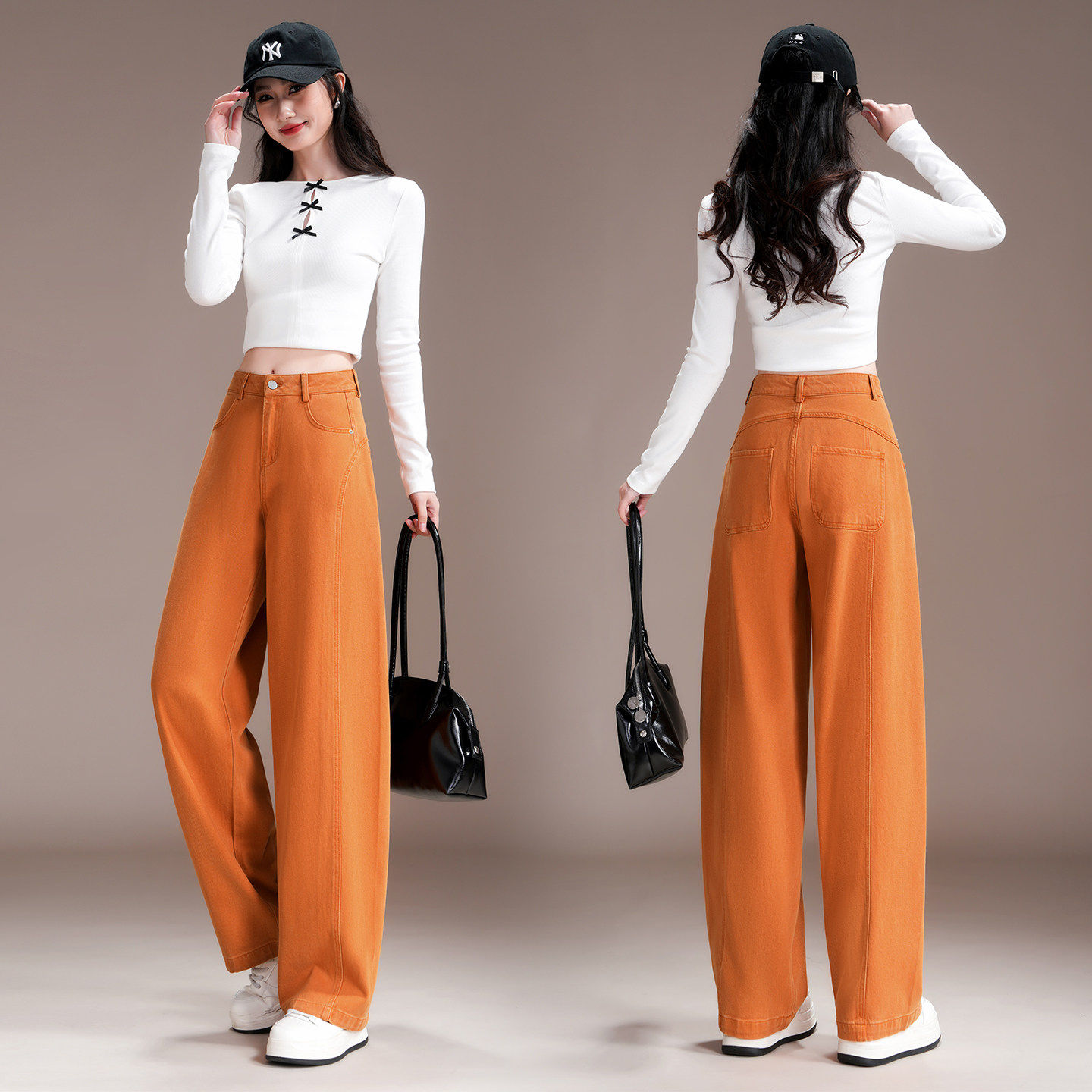 拉夏贝尔休闲弯刀牛仔裤女春季2026款橙色高腰显瘦遮胯阔腿裤长裤,女装/女士精品,牛仔裤,淘宝优惠券,粉丝福利购,淘宝优惠卷