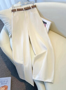 拉夏贝尔白色牛仔阔腿女裤秋季2026新款高腰九分裤垂感窄版直筒裤