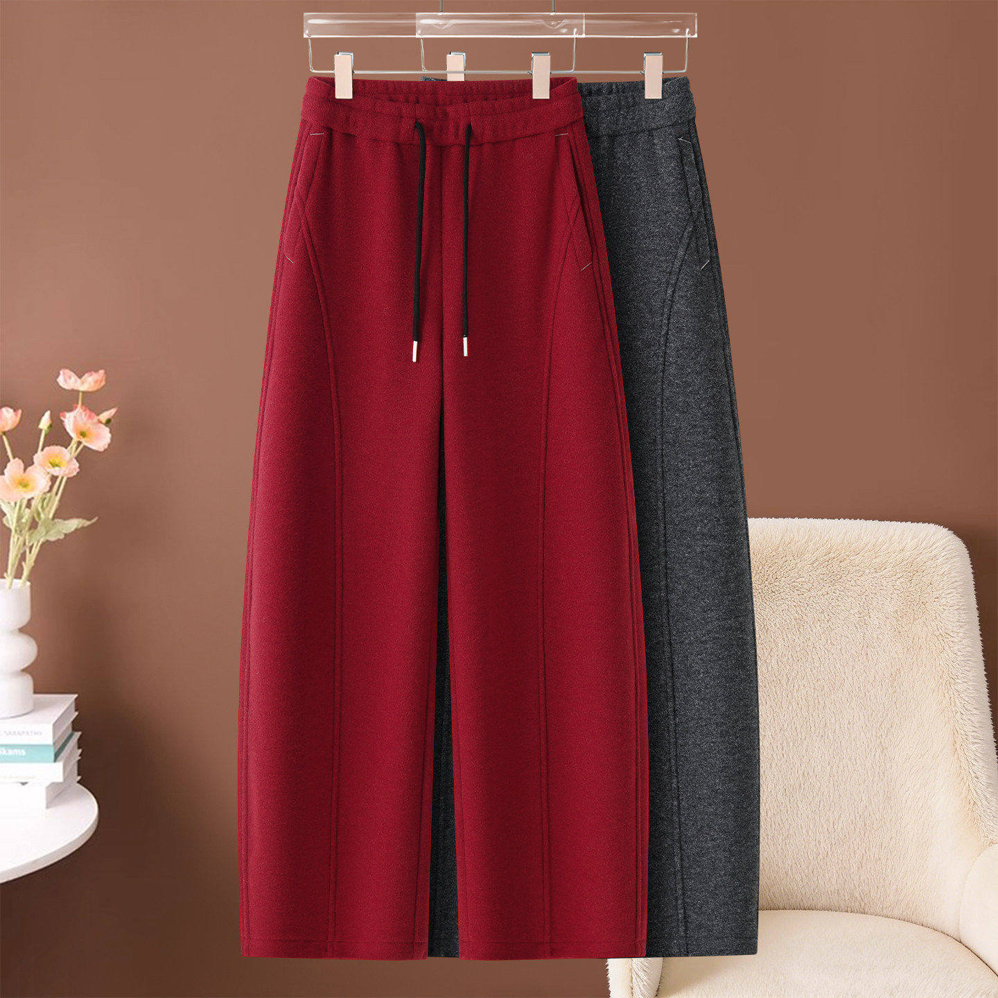 拉夏贝尔加绒加厚羊毛呢弯刀裤女秋冬季2025款慵懒高腰宽松香蕉裤,女装/女士精品,大码裤装,淘宝优惠券,粉丝福利购,淘宝优惠卷