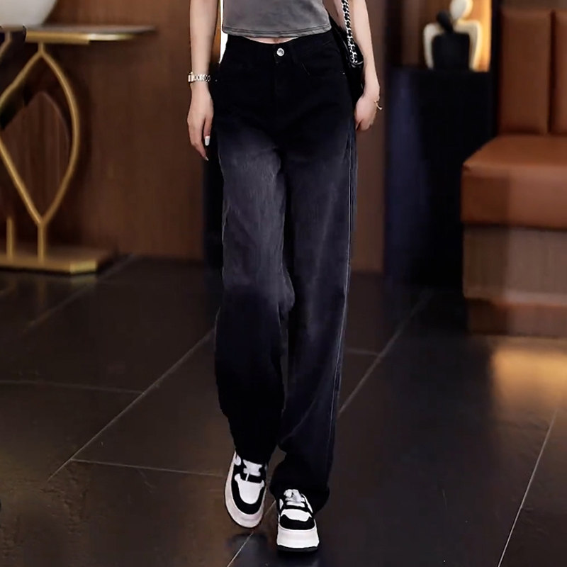 拉夏贝尔渐变色天丝牛仔裤女2026夏季新款高腰长裤黑色冰丝直筒裤