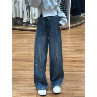 拉夏贝尔女款2026新款春季裤子高腰显瘦带钻阔腿裤春装宽松弯刀裤