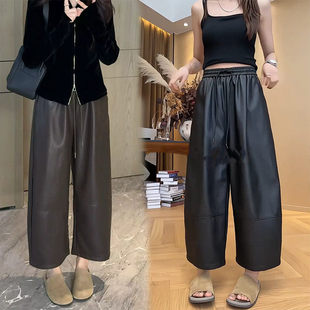 拉夏贝尔加绒皮裤高腰抽绳女冬季2026慵懒阔腿裤九分休闲直筒裤子