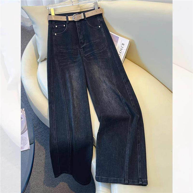 拉夏贝尔高级感黑色直筒牛仔裤女春秋2026新款版型复古弯刀阔腿裤,女装/女士精品,大码裤装,淘宝优惠券,粉丝福利购,淘宝优惠卷
