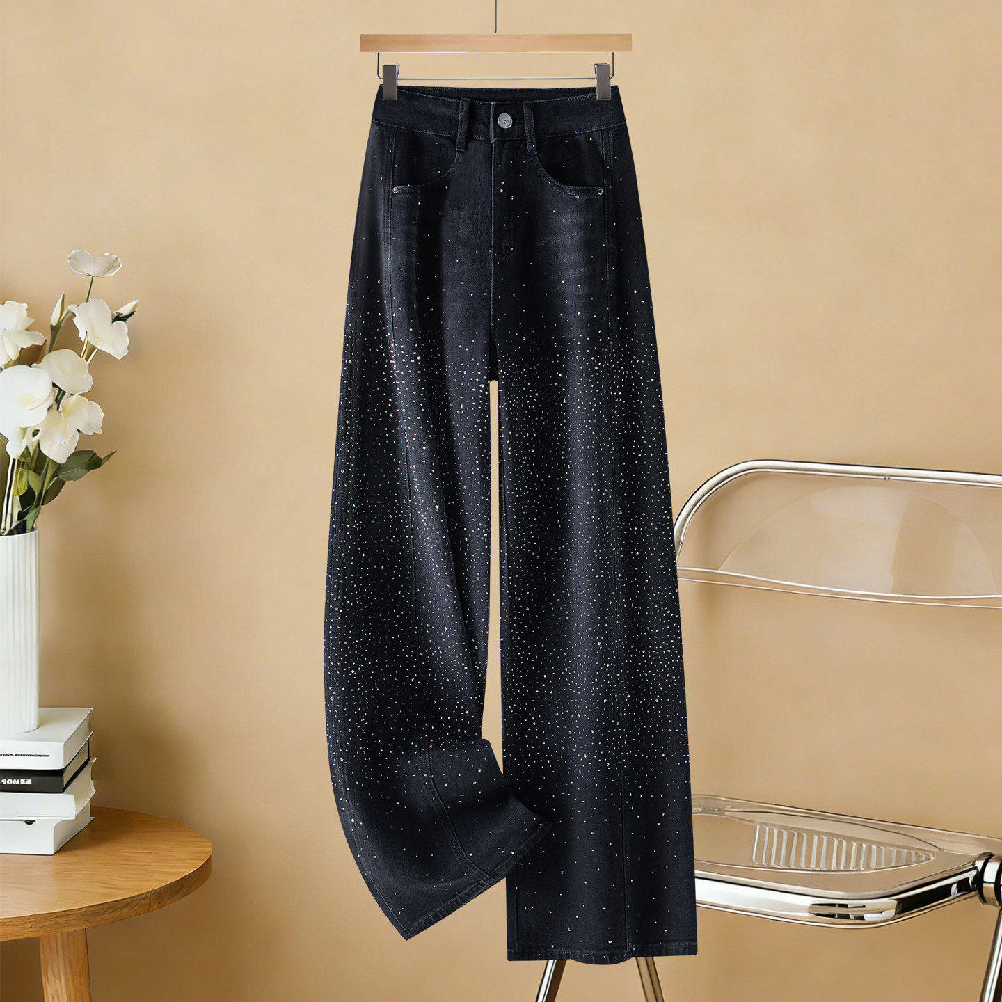 拉夏贝尔满天星烫钻阔腿牛仔裤女春秋2026新款高腰流行潮流直筒裤,女装/女士精品,牛仔裤,淘宝优惠券,粉丝福利购,淘宝优惠卷