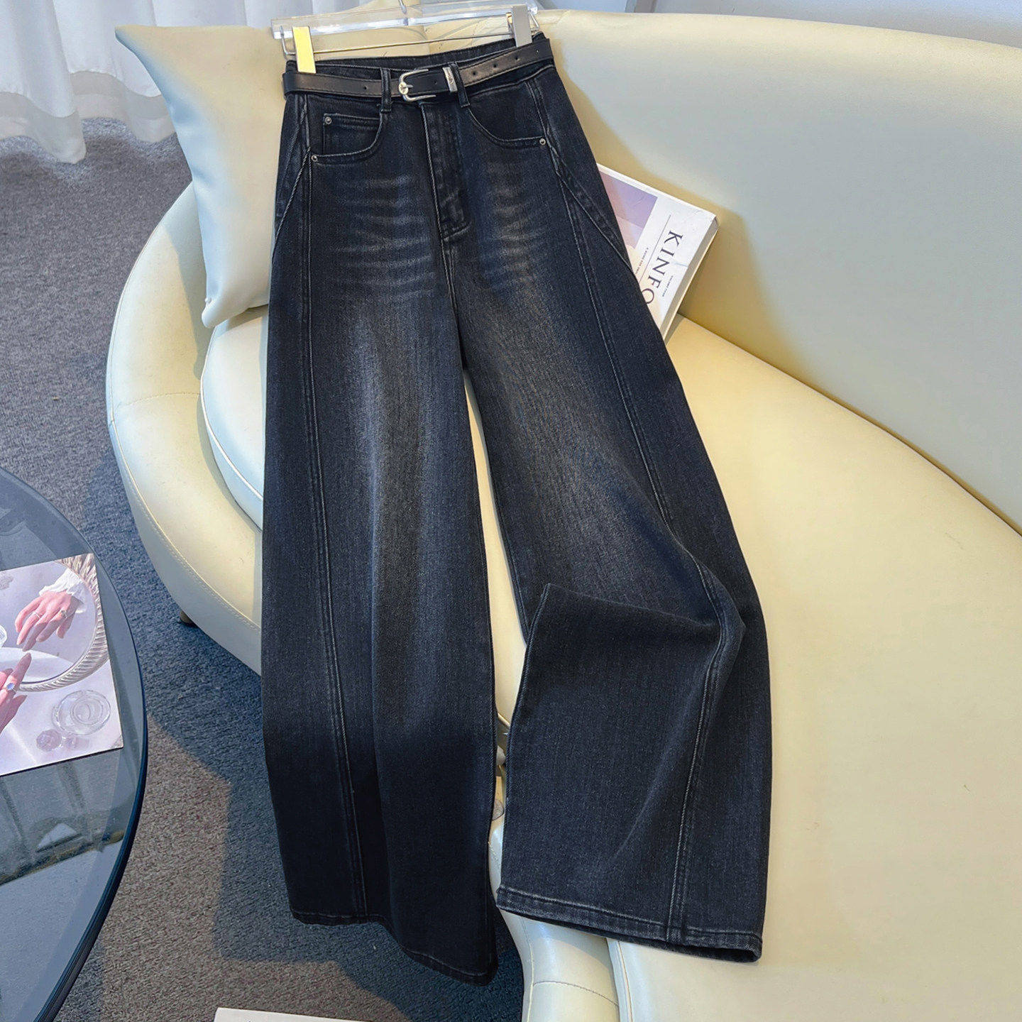 拉夏贝尔高端黑色直筒牛仔裤女春秋2026新款美式弯刀裤显瘦阔腿裤,女装/女士精品,牛仔裤,淘宝优惠券,粉丝福利购,淘宝优惠卷